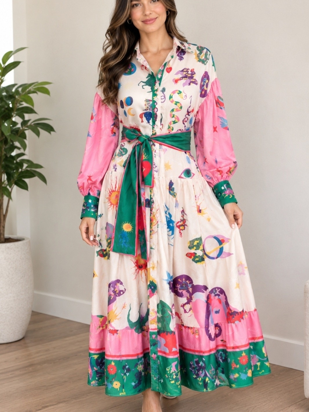 Others Follow Pink, Green & Cream Printed Button-Front Maxi Dress
